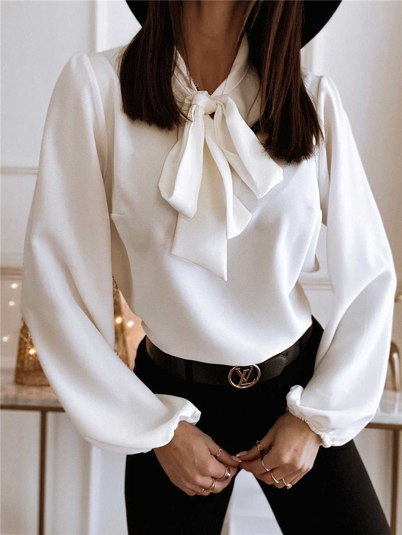 Phylicia | Elegante blouse met lange mouwen en strik voor dames – Chique top voor op kantoor, casual gekleed overhemd