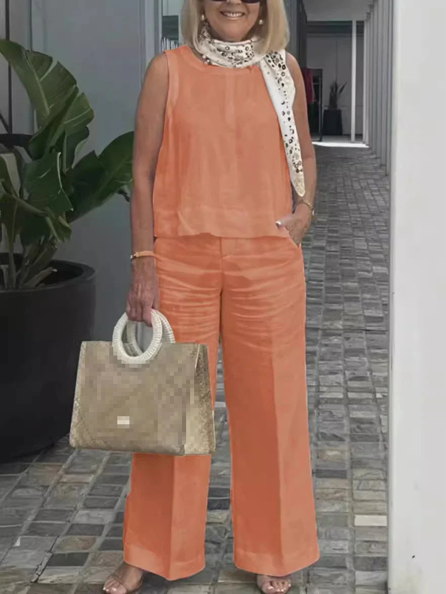 Asra | Katoen-linnen set voor dames – Casual top met losse pasvorm en broek met wijde pijpen