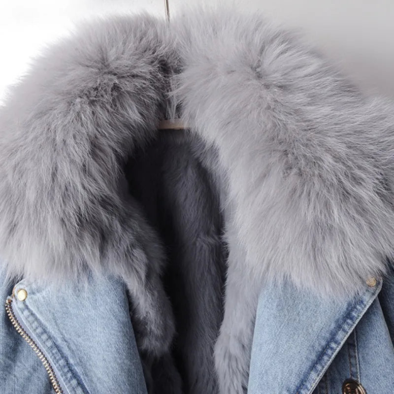 Kalisse | Luxe denimjas voor dames – gevoerd met vossenbont, warm en chic