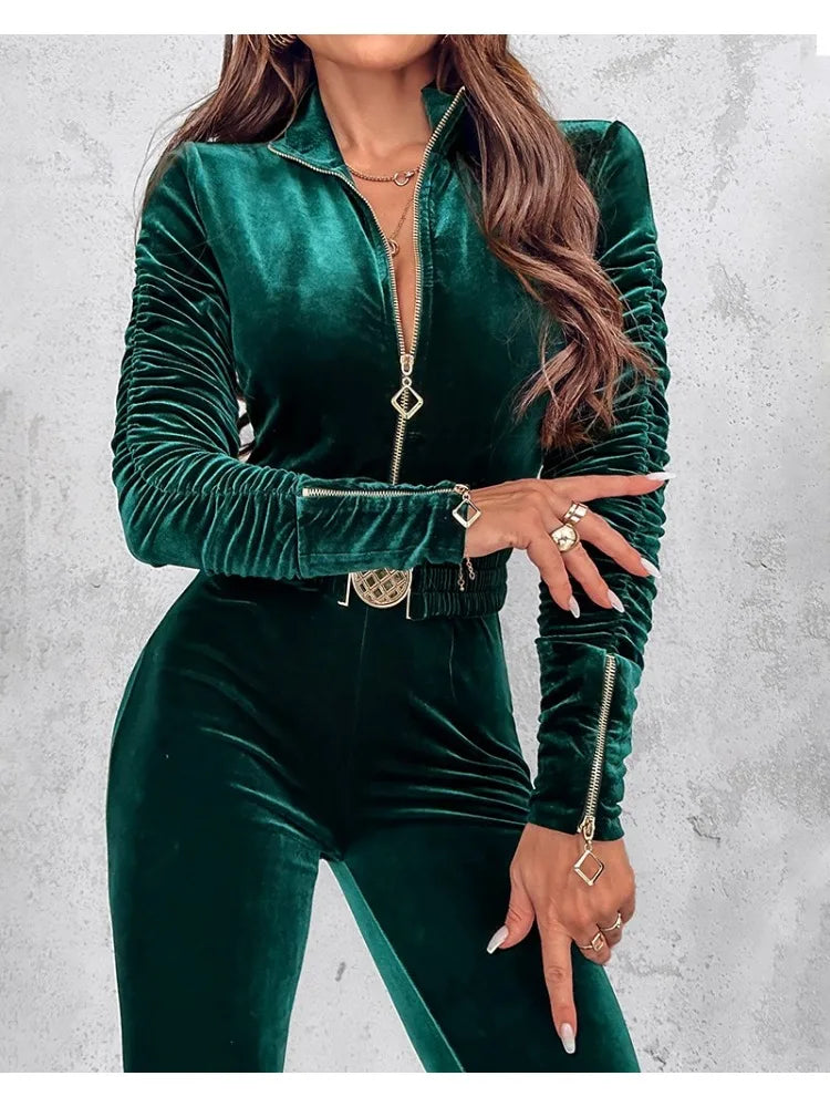 Baila | Combinaison pantalon en velours pour femme, manches longues, volants et fermeture éclair sur le devant
