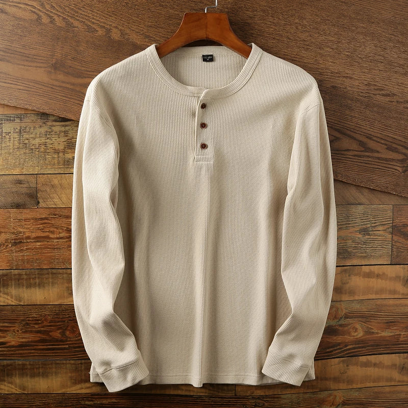 Aleksander | T-shirt Henley à manches longues pour homme – maille gaufrée, mélange de coton de qualité supérieure
