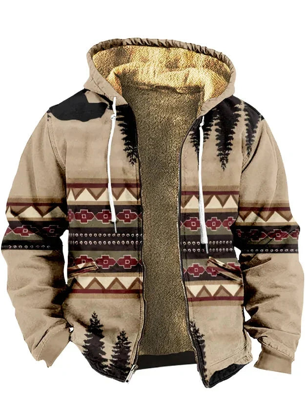 Torben | Herenjas met capuchon en fleecevoering - Aztec print, warme en stijlvolle bovenkleding