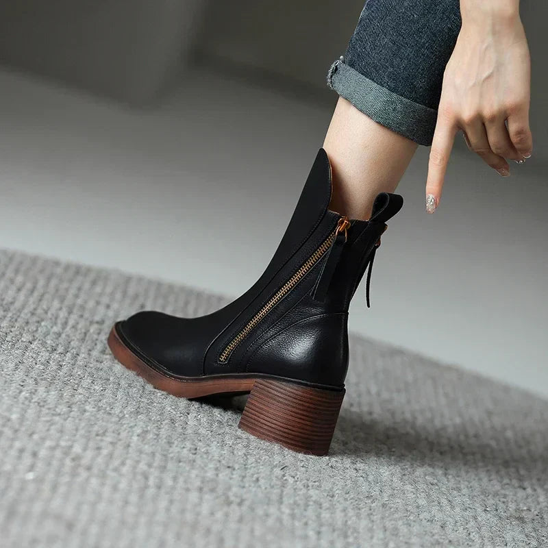 Zyella | Leren dameslaarzen met dikke blokhak – ritssluiting aan de zijkant, stijlvolle casual en elegante schoenen