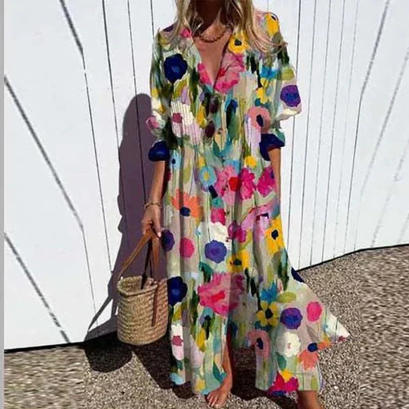 Elettra | Long Women's Dress with Buttons - Boho Style, V-neck