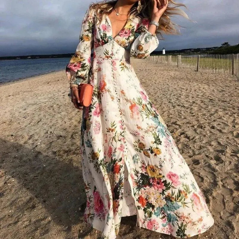 Yveria | Damesjurk met bloemenprint, zomerse A-lijn, midi-lengte, soepel vallend, casual