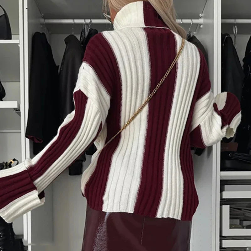 Nyla | Gestreepte, geribbelde coltrui met kleurblok voor dames - stijlvol, gezellig, geribbeld ontwerp, creatieve kleurencombinatie