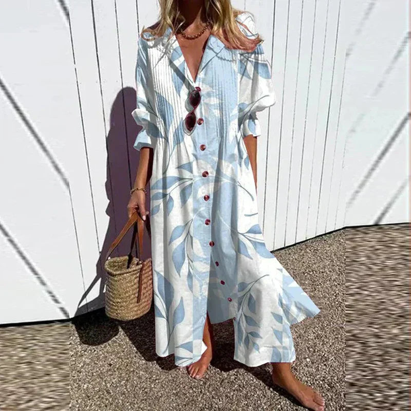 Elettra | Long Women's Dress with Buttons - Boho Style, V-neck