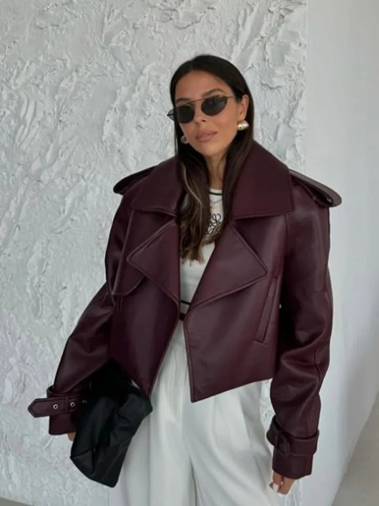Miriya | Oversized Kort Leren Damesjack - Stijlvolle Cropped Leren Jas met Kraag, Trendy Bovenkleding