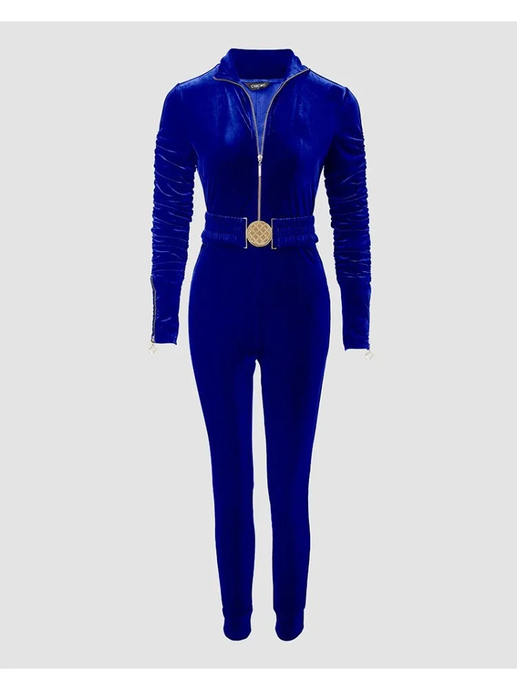 Baila | Jumpsuit in fluweel voor dames met lange mouwen met ruches en rits aan de voorkant