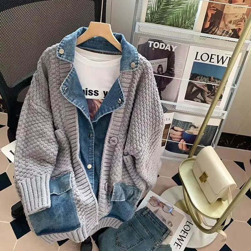 Aisla | Women's Oversized Denim Patchwork Jacket - Stylish Knitted Design, Casual Fashion
