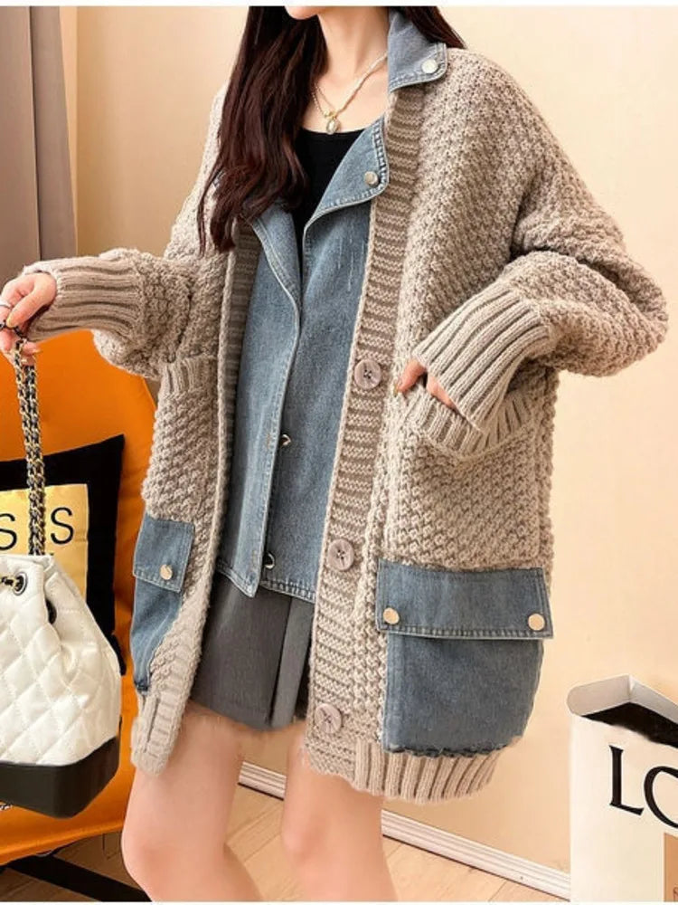 Aisla | Dames Oversized Denim Patchwork Jack - Stijlvol Gebreid Ontwerp, Casual Mode