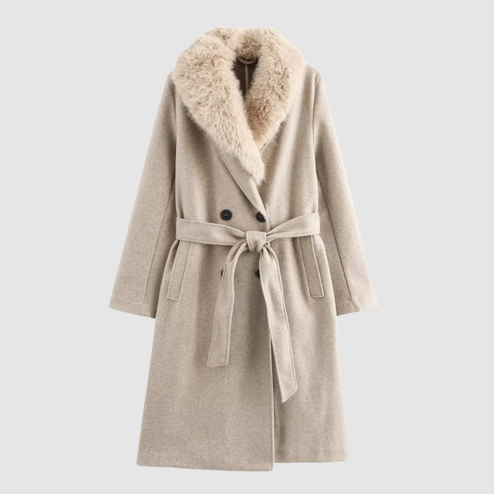 Naida | Dames winter trenchcoat met dubbele rij knopen, riem, bontkraag & elegant ontwerp