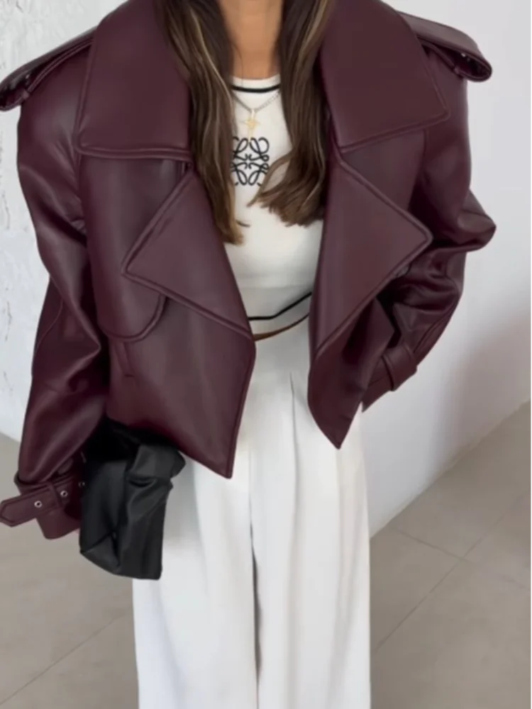 Miriya | Oversized Kort Leren Damesjack - Stijlvolle Cropped Leren Jas met Kraag, Trendy Bovenkleding