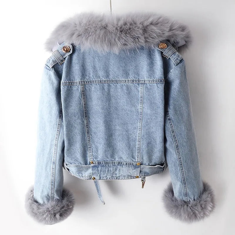 Kalisse | Luxe denimjas voor dames – gevoerd met vossenbont, warm en chic