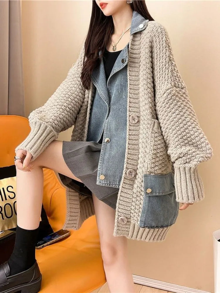Aisla | Dames Oversized Denim Patchwork Jack - Stijlvol Gebreid Ontwerp, Casual Mode