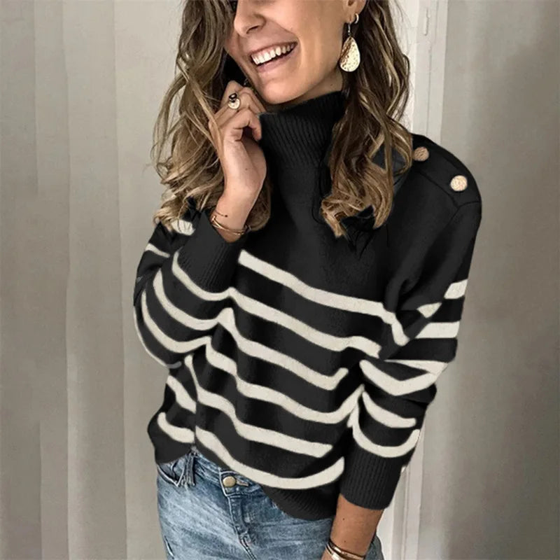 Zuzanna | Elegante Gestreepte Coltrui voor Dames - Stijlvolle Geribde Trui met Schouderbanddetail