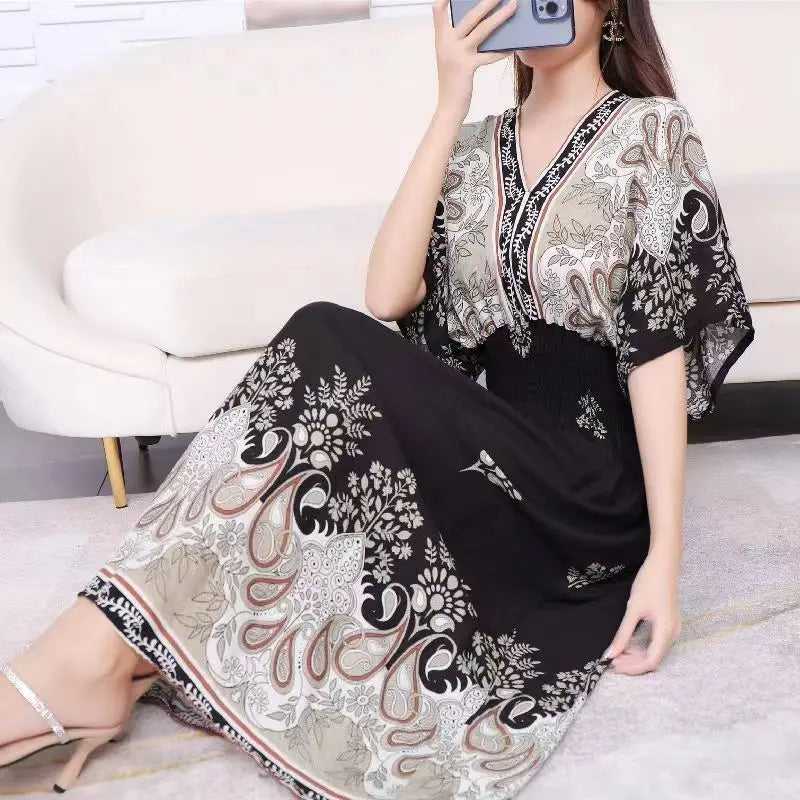 Rielle | Bohemian maxi-jurk voor dames – Lange, soepel vallende casual zomerjurk met print