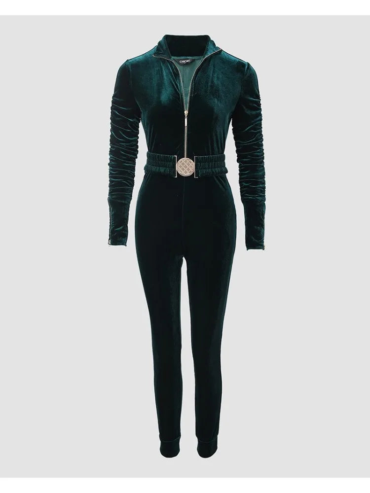 Baila | Jumpsuit in fluweel voor dames met lange mouwen met ruches en rits aan de voorkant