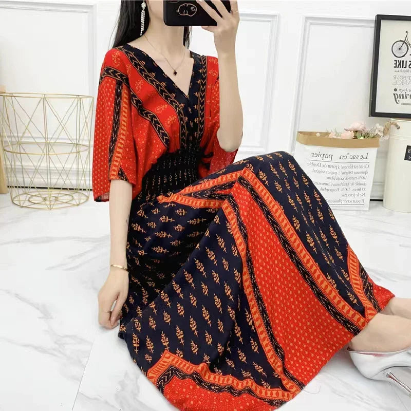 Rielle | Bohemian maxi-jurk voor dames – Lange, soepel vallende casual zomerjurk met print