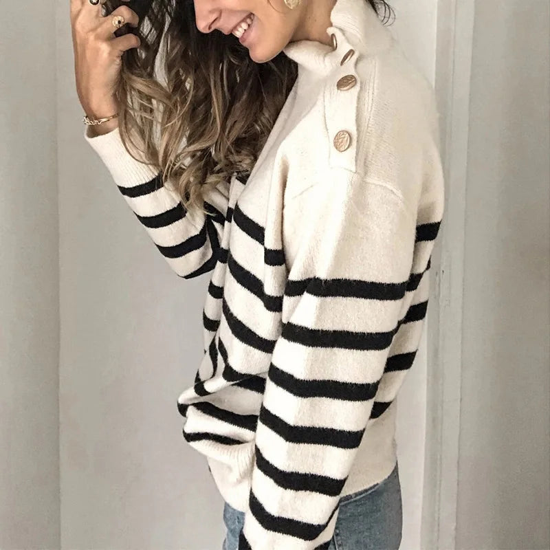 Zuzanna | Elegante Gestreepte Coltrui voor Dames - Stijlvolle Geribde Trui met Schouderbanddetail