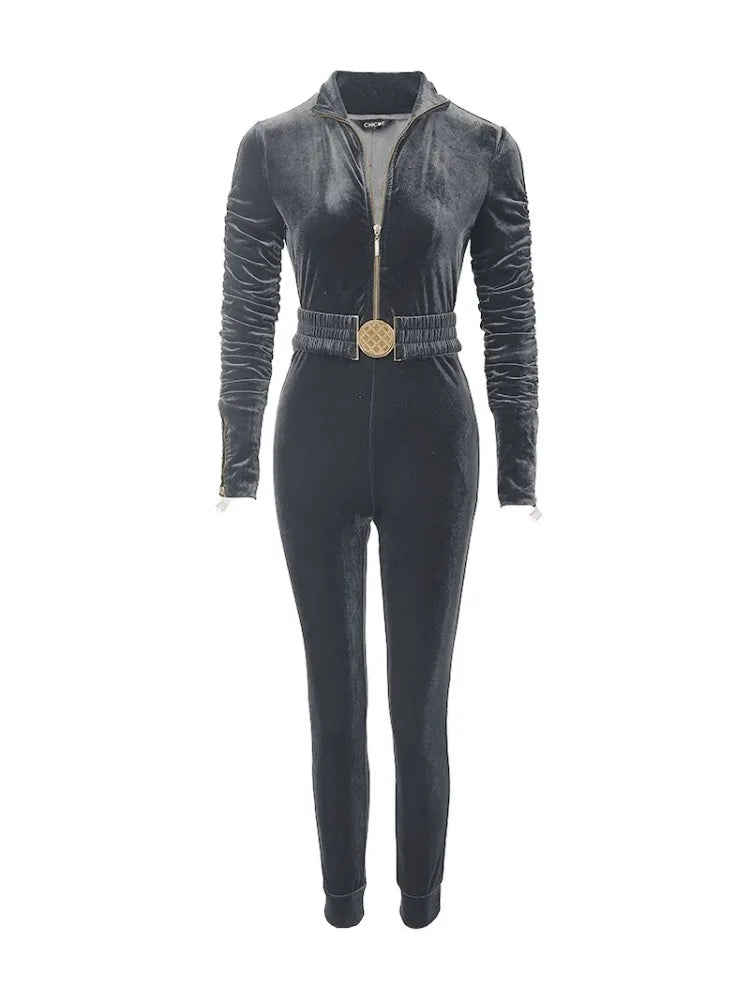 Baila | Jumpsuit in fluweel voor dames met lange mouwen met ruches en rits aan de voorkant