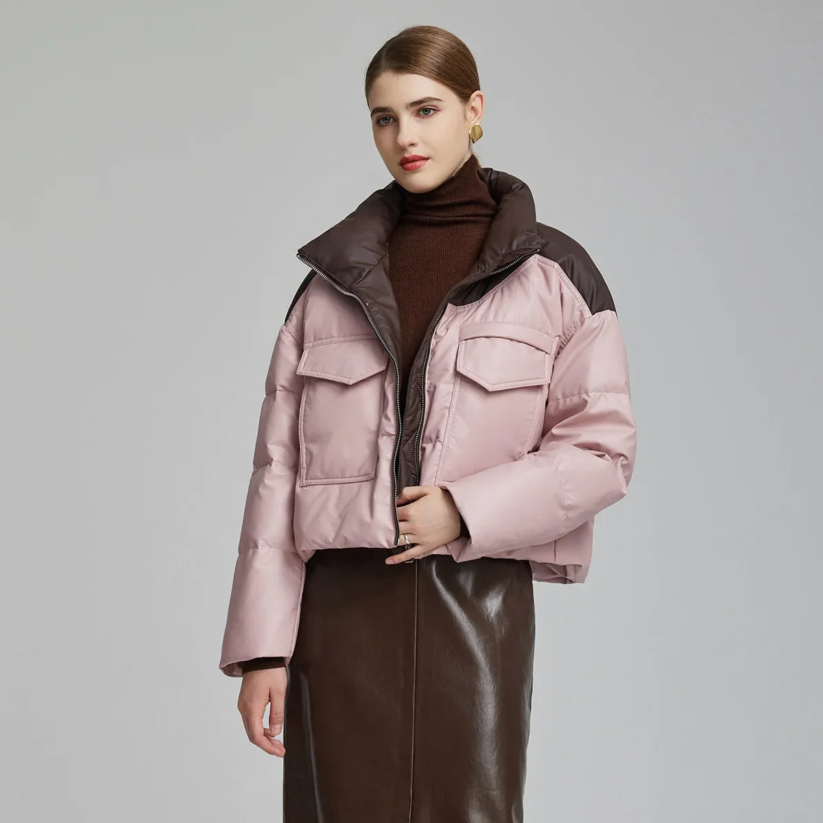 Sage | Women's Padded Winter Coat with Collar and Color Block - Stylish, Warm, and Comfortable Cold Weather Jacket