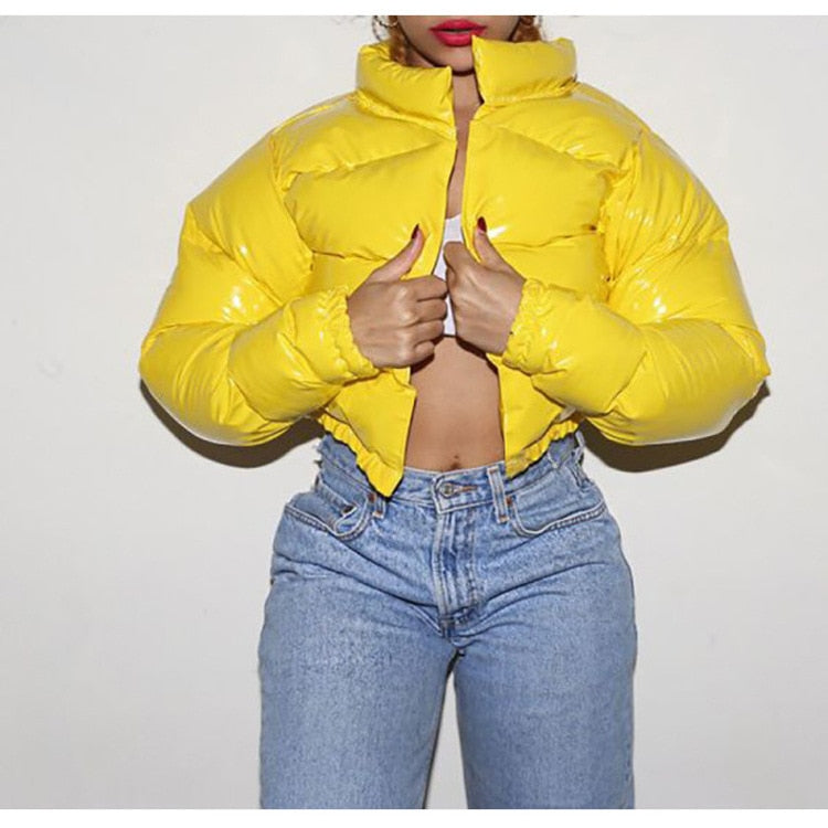Narella | Glanzend cropped pufferjack met opstaande kraag - Dames Wintermode