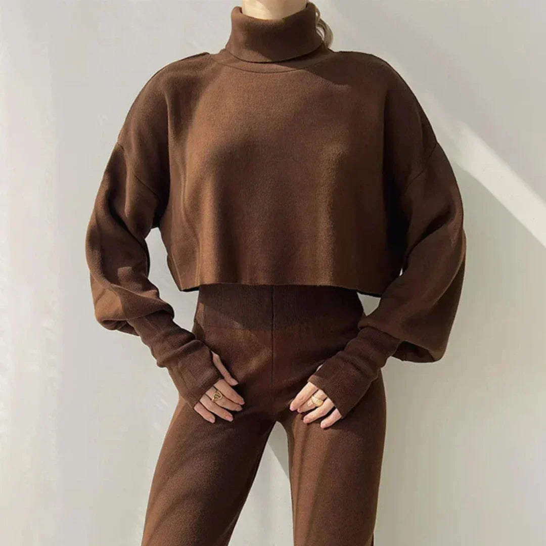 Morgana | Women's Knitted Loungewear Set - Long Sleeve Turtleneck & Wide-Leg Trousers - Cozy, Stylish & Versatile