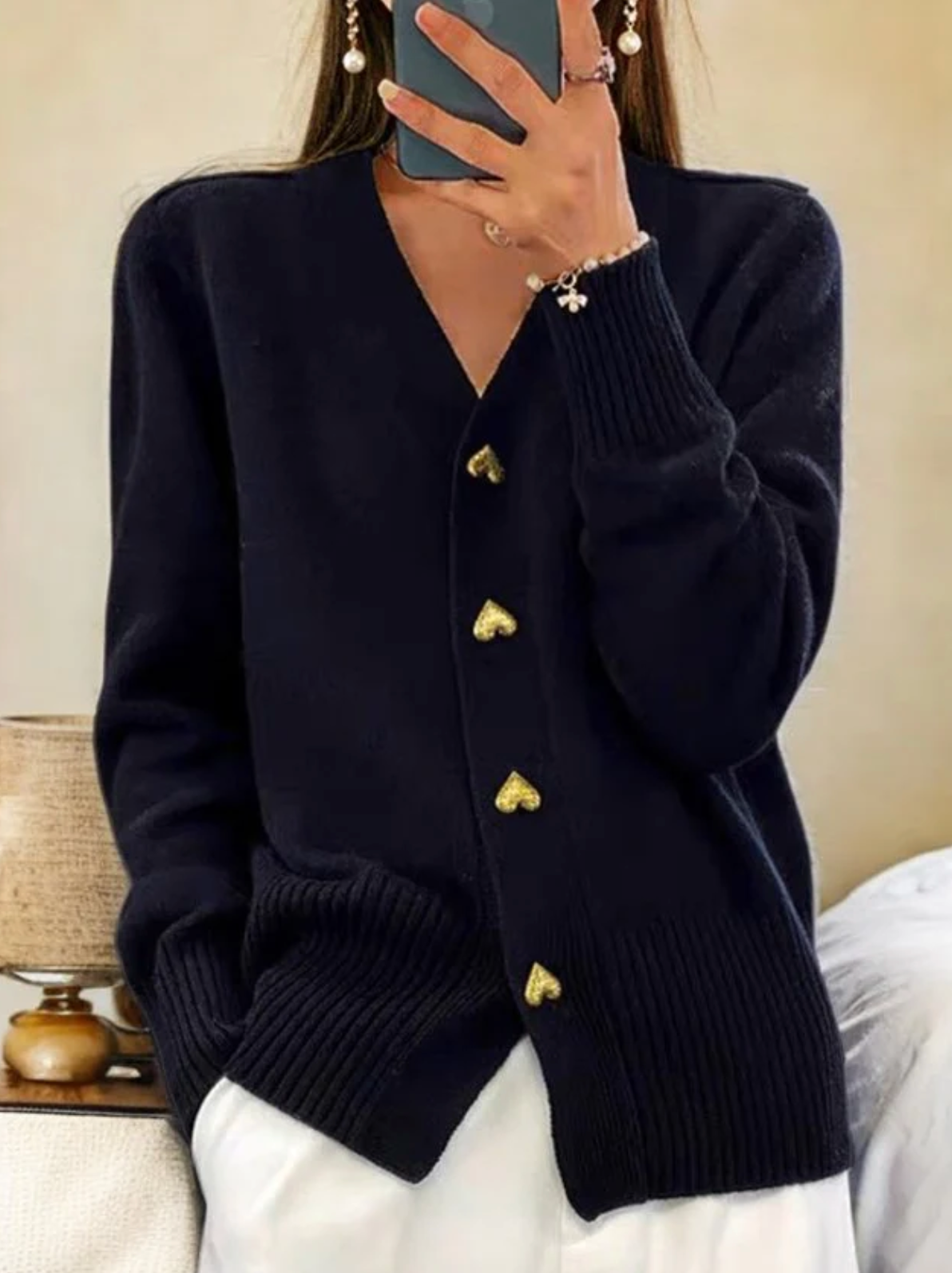 Elvethra | Elegant damesvest met hartvormige knopen – zachte gebreide trui, schattige top in vintage stijl