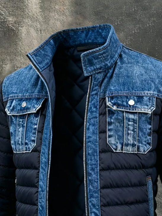 Kex | Gewatteerde denim hybride jas voor heren – zachte gelaagde jas, casual bovenkleding voor dagelijks gebruik