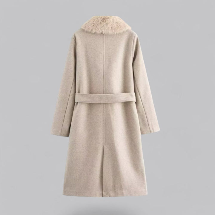 Naida | Dames winter trenchcoat met dubbele rij knopen, riem, bontkraag & elegant ontwerp