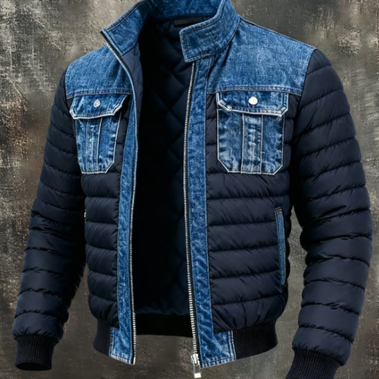 Kex | Gewatteerde denim hybride jas voor heren – zachte gelaagde jas, casual bovenkleding voor dagelijks gebruik