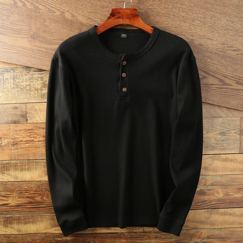 Aleksander | T-shirt Henley à manches longues pour homme – maille gaufrée, mélange de coton de qualité supérieure