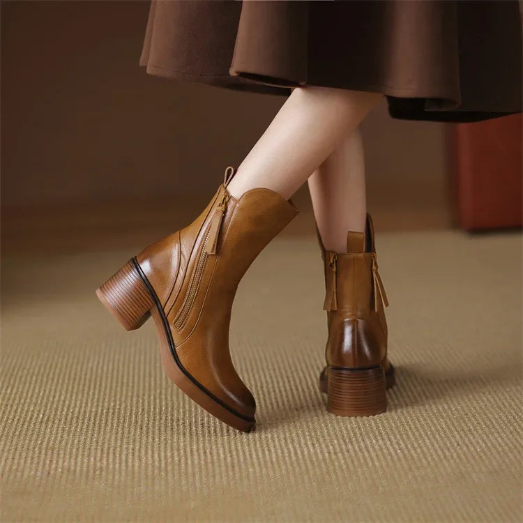 Zyella | Leren dameslaarzen met dikke blokhak – ritssluiting aan de zijkant, stijlvolle casual en elegante schoenen