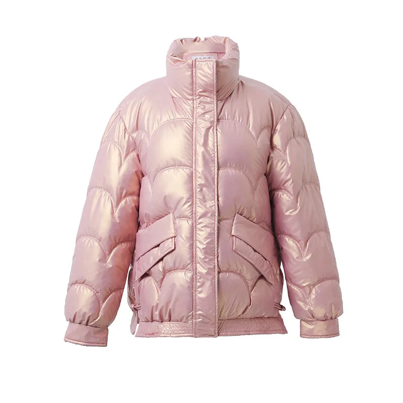Corinne | Metallic Pufferjas met Curve Patroon & Staande Kraag voor Vrouwen