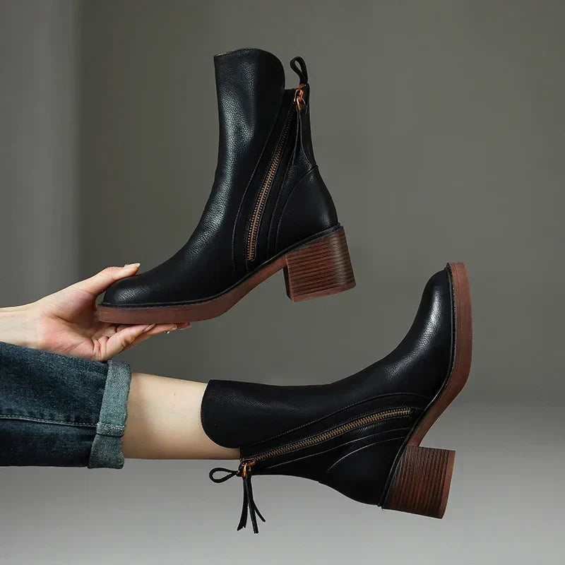 Zyella | Leren dameslaarzen met dikke blokhak – ritssluiting aan de zijkant, stijlvolle casual en elegante schoenen