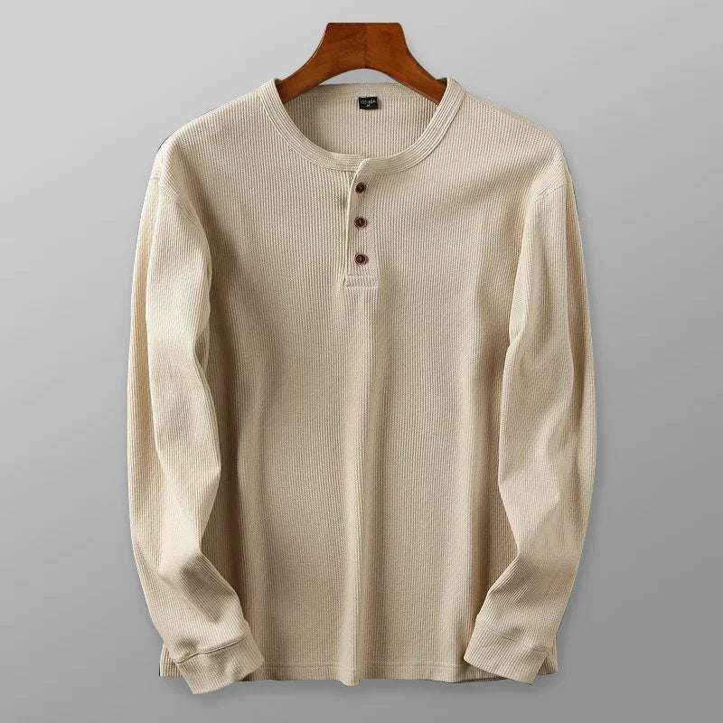 Aleksander | T-shirt Henley à manches longues pour homme – maille gaufrée, mélange de coton de qualité supérieure
