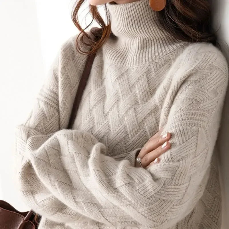 Belvra | Pull oversize en cachemire pour femme – Manches longues, col roulé, doux et chaud.