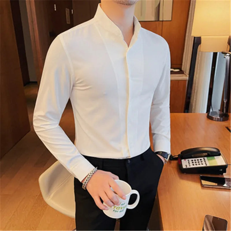 Phileas | Chemise homme à manches longues, col montant, coupe ajustée, idéale pour les mariages et les occasions professionnelles