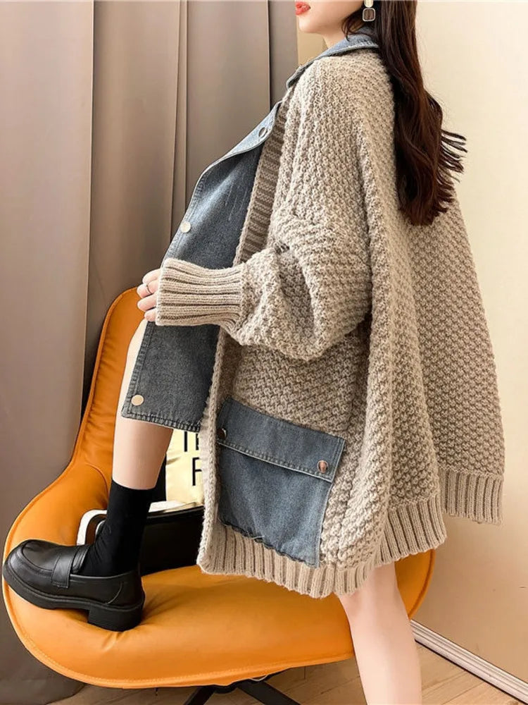 Aisla | Dames Oversized Denim Patchwork Jack - Stijlvol Gebreid Ontwerp, Casual Mode