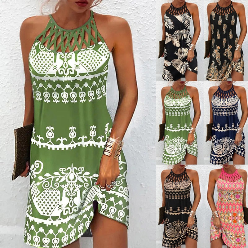 Lyriorae | Dames midi-jurk met print en halternek – luchtige zomerjurk