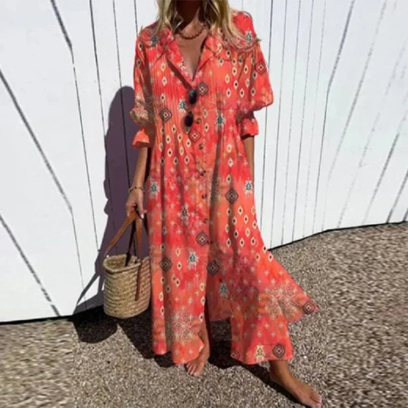 Elettra | Long Women's Dress with Buttons - Boho Style, V-neck