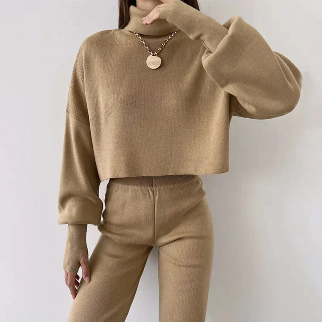 Morgana | Women's Knitted Loungewear Set - Long Sleeve Turtleneck & Wide-Leg Trousers - Cozy, Stylish & Versatile