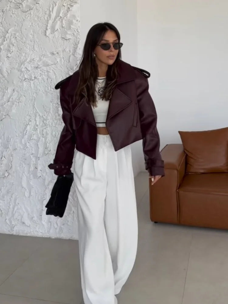 Miriya | Oversized Kort Leren Damesjack - Stijlvolle Cropped Leren Jas met Kraag, Trendy Bovenkleding