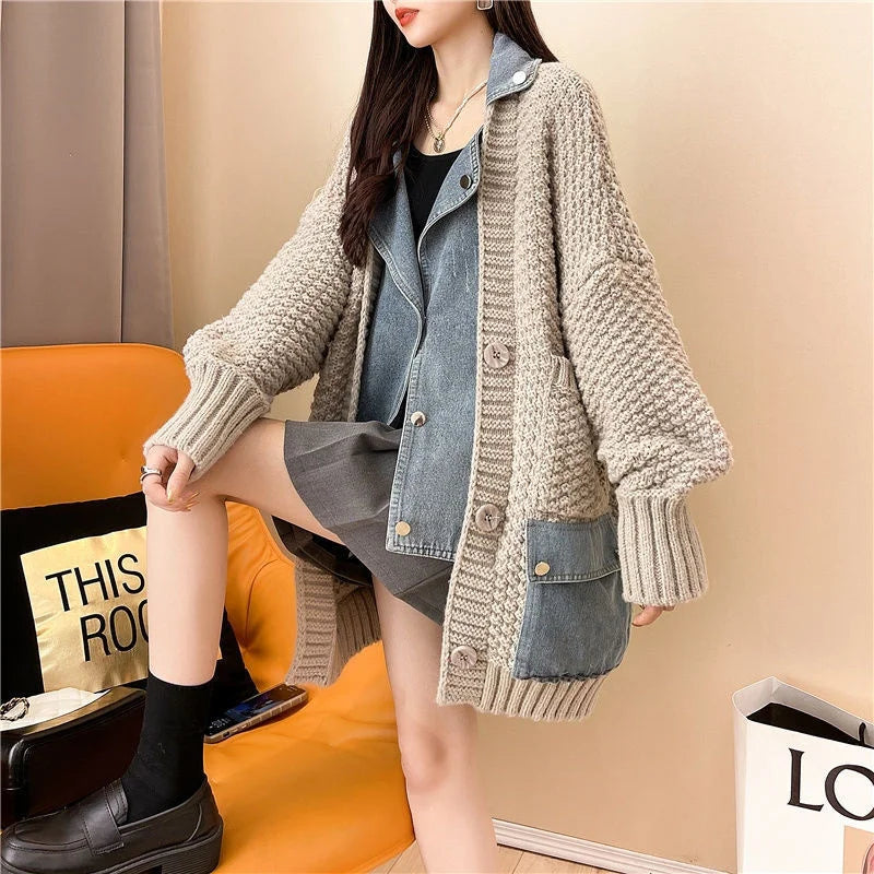 Aisla | Dames Oversized Denim Patchwork Jack - Stijlvol Gebreid Ontwerp, Casual Mode