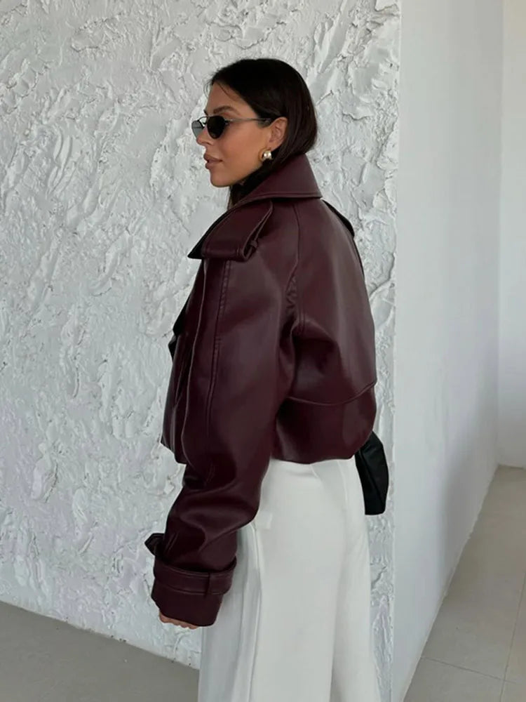 Miriya | Oversized Kort Leren Damesjack - Stijlvolle Cropped Leren Jas met Kraag, Trendy Bovenkleding
