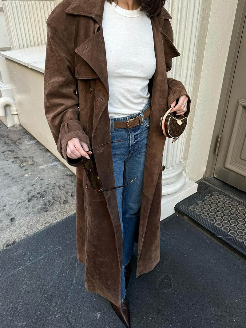 Aafke | Lange suède trenchcoat voor dames met riem, double-breasted, chic en veelzijdig