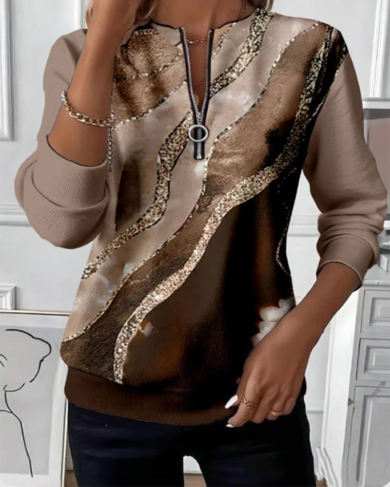 Velith | Dames half-zip sweatshirt – elegante marmerprint trui, lange mouwen casual top