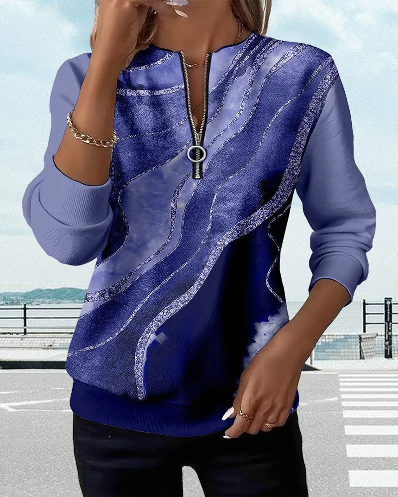 Velith | Dames half-zip sweatshirt – elegante marmerprint trui, lange mouwen casual top