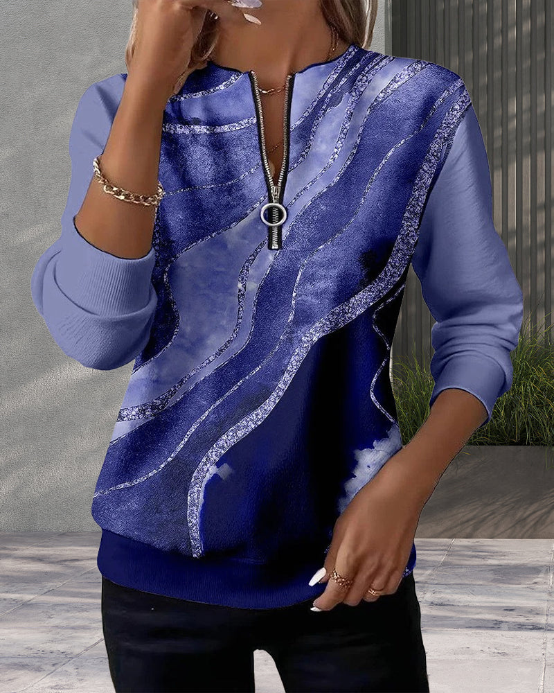 Velith | Dames half-zip sweatshirt – elegante marmerprint trui, lange mouwen casual top